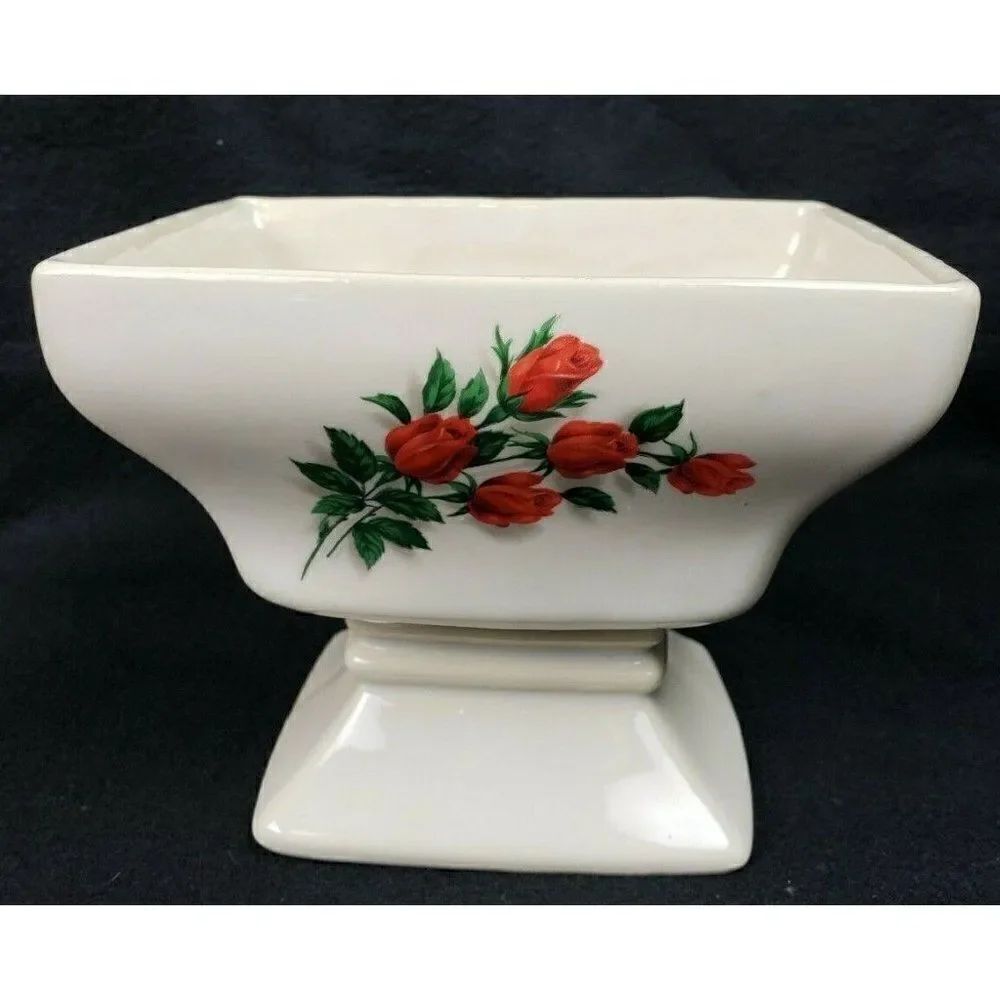 Vintage 50s McCoy Pottery Ivory Red Roses 5.5" Pedestal Planter #325 USA Floral